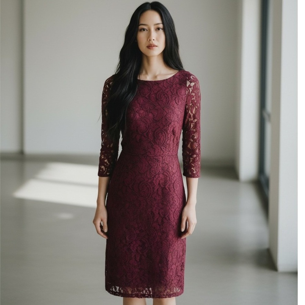 J CREW Burgundy Floral Lace Sheath Dress 2 Cocktail Wedding Guest Elegant